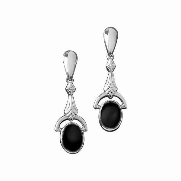 Sterling Silver Whitby Jet Oval Art Deco Drop Earrings