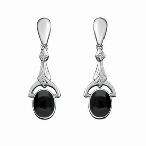 Sterling Silver Whitby Jet Oval Art Deco Drop Earrings