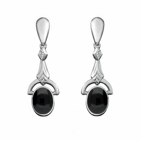 Sterling Silver Whitby Jet Oval Art Deco Drop Earrings