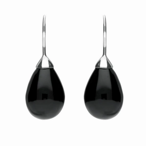 Sterling Silver Whitby Jet Oval Bead Hook Earrings