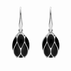 Sterling Silver Whitby Jet Oval Caged Drop Earrings