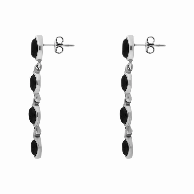 Sterling Silver Whitby Jet Oval Four Stone Dropper Earrings D