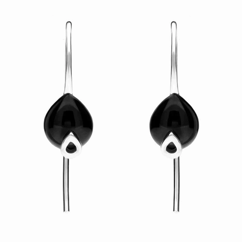 Sterling Silver Whitby Jet Pear Hook Earrings
