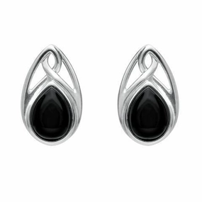 Sterling Silver Whitby Jet Pear Shaped Celtic Stud Earrings