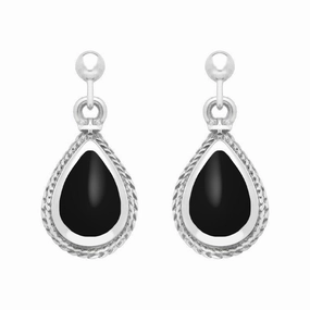 Sterling Silver Whitby Jet Pear Shaped Drop Earrings