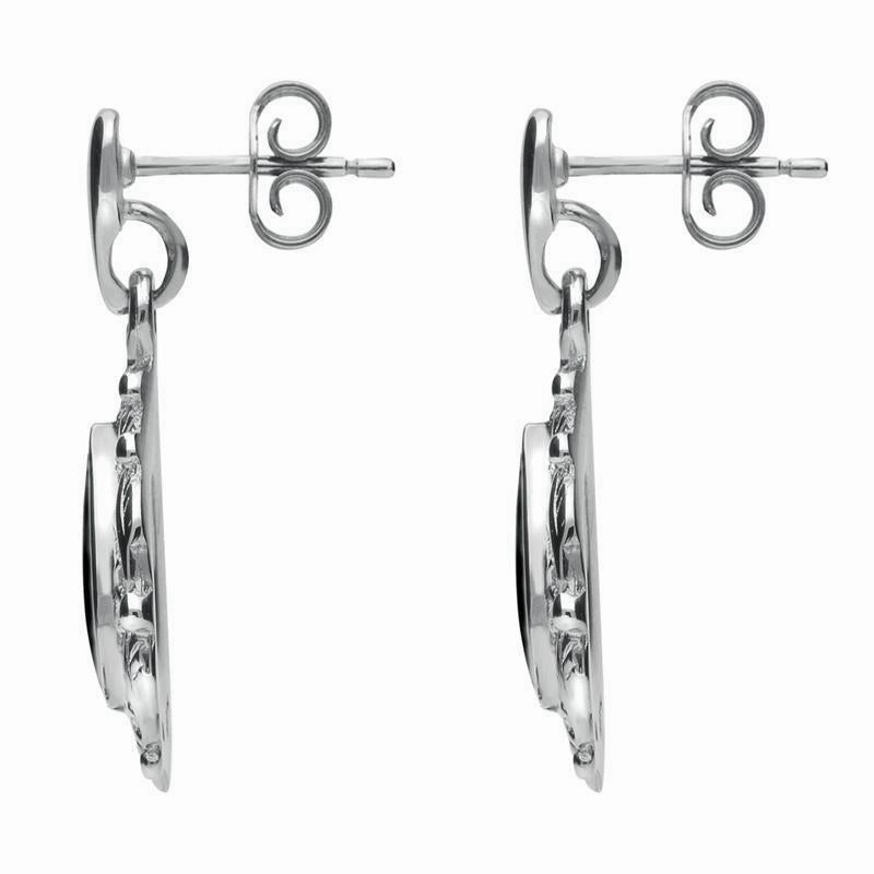 Sterling Silver Whitby Jet Pear Shaped Leaf Drop Earrings