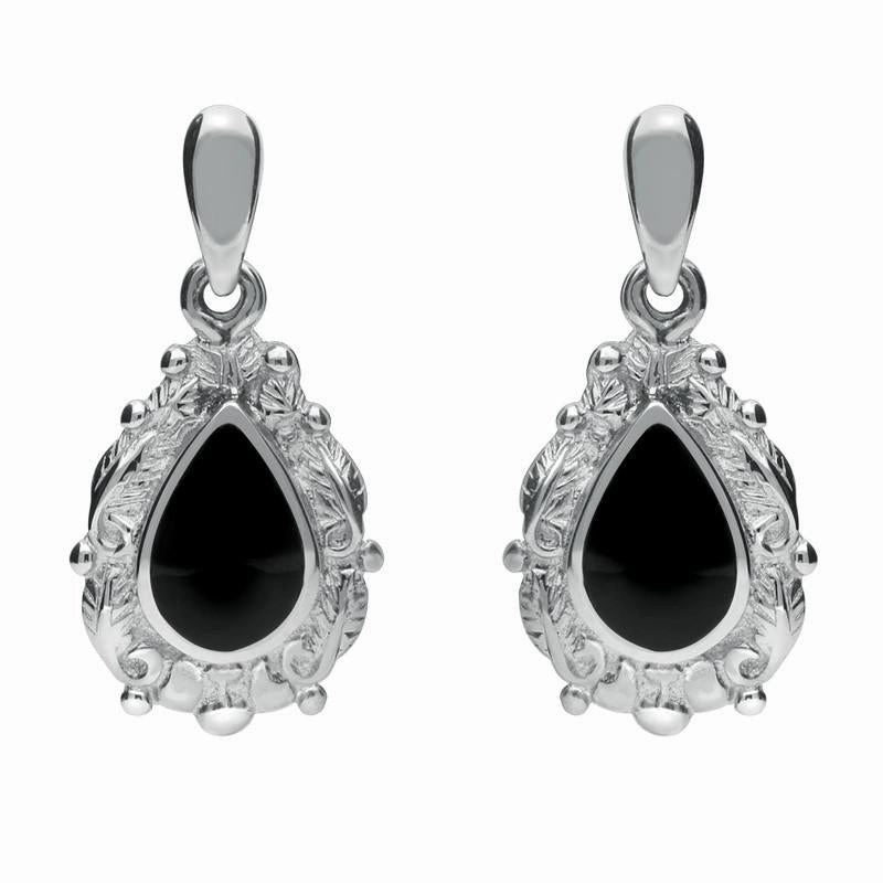 Sterling Silver Whitby Jet Pear Shaped Leaf Drop Earrings
