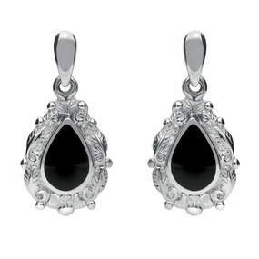 Sterling Silver Whitby Jet Pear Shaped Leaf Drop Earrings