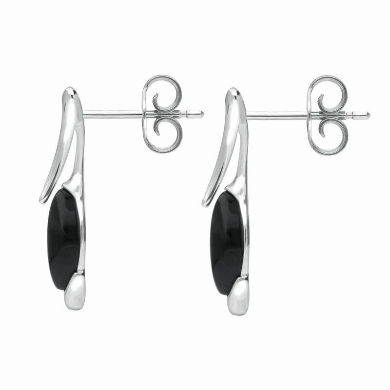 Sterling Silver Whitby Jet Pear Wave Top Drop Earrings