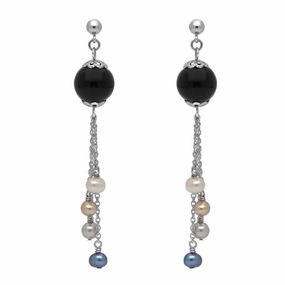 Sterling Silver Whitby Jet Pearl Beaded Tassel Drop Earrings
