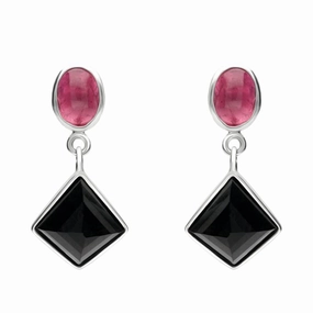 Sterling Silver Whitby Jet Pink Tourmaline Faceted Square and Oval Unique Drop Earrings