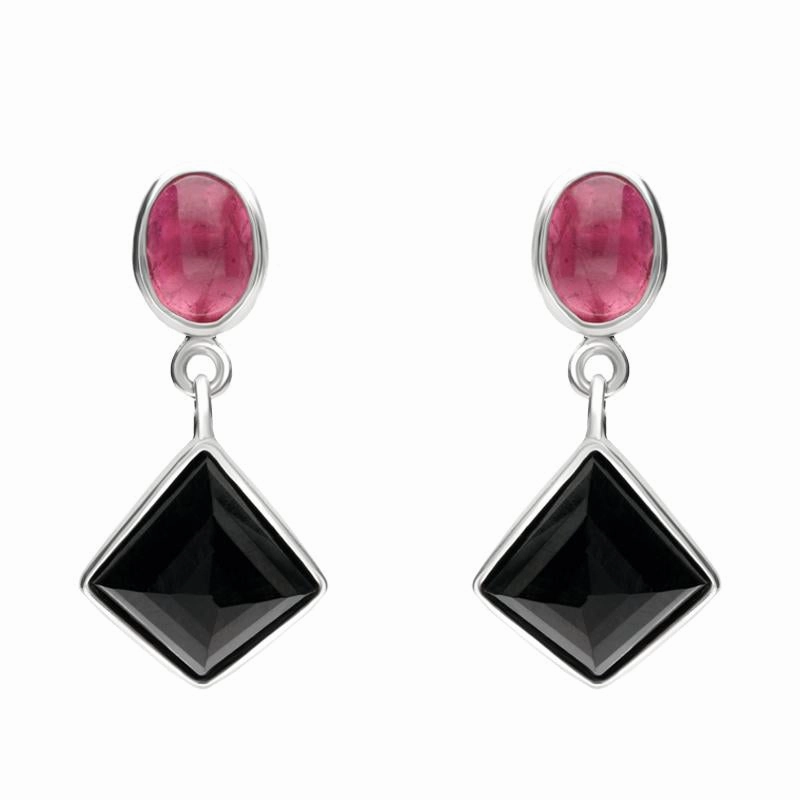 Sterling Silver Whitby Jet Pink Tourmaline Faceted Square and Oval Unique Drop Earrings