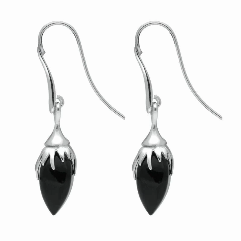 Sterling Silver Whitby Jet Plant Bud Drop Earrings