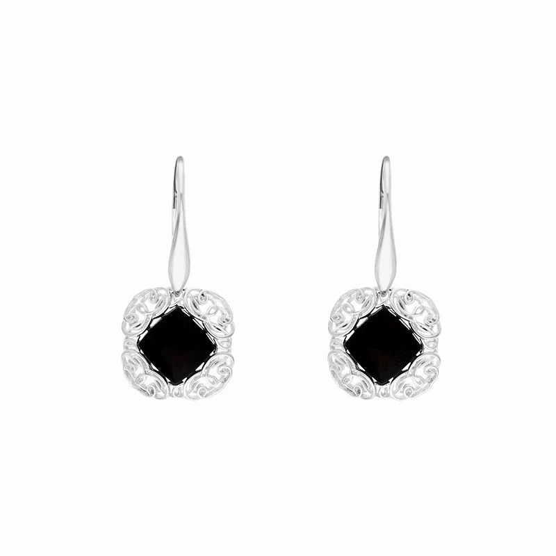 Sterling Silver Whitby Jet Rhombus Cushion Drop Earrings