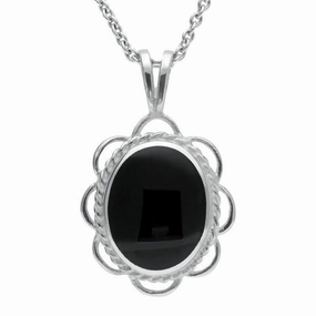 Sterling Silver Whitby Jet Rope Edged Oval Frill Necklace
