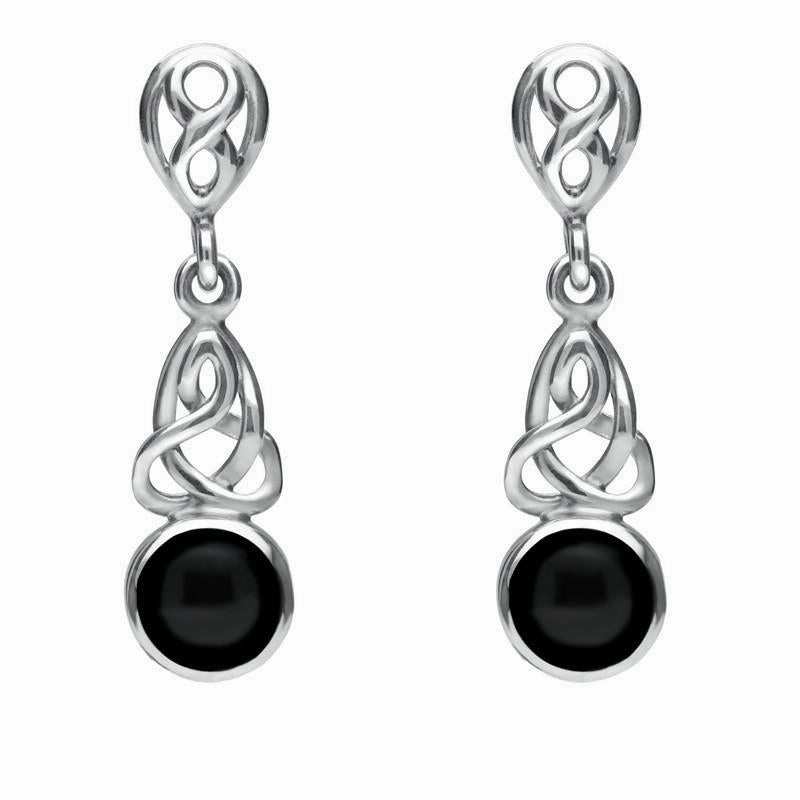 Sterling Silver Whitby Jet Round Celtic Dropper Earrings