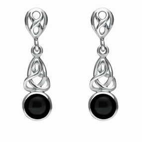 Sterling Silver Whitby Jet Round Celtic Dropper Earrings