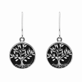 Sterling Silver Whitby Jet Round Large Tree of Life Leaves Drop Earrings