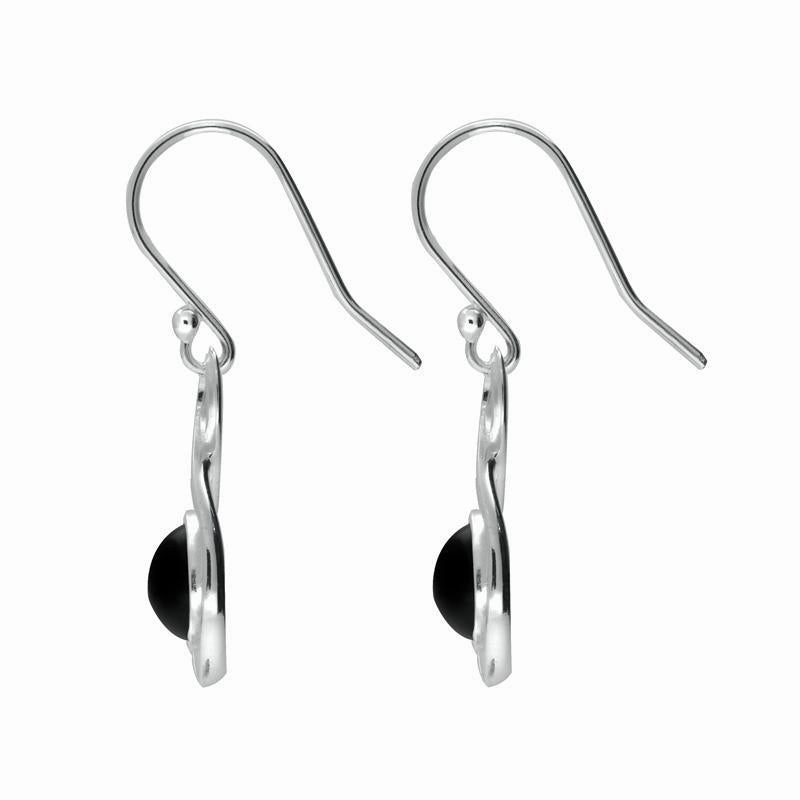 Sterling Silver Whitby Jet Round Ridged Edge Loop Drop Earrings