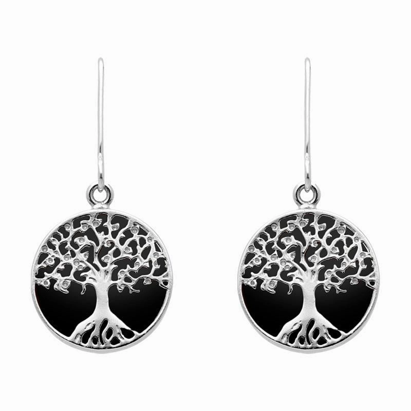 Sterling Silver Whitby Jet Round Tree Drop Earrings