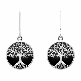 Sterling Silver Whitby Jet Round Tree Drop Earrings