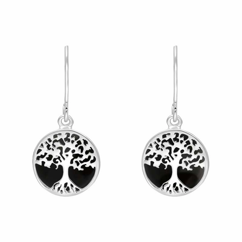 Sterling Silver Whitby Jet Round Tree of Life Drop Earrings
