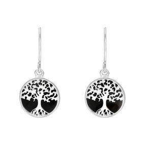Sterling Silver Whitby Jet Round Tree of Life Drop Earrings