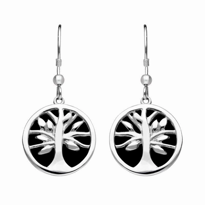 Sterling Silver Whitby Jet Round Tree of Life Drop Earrings