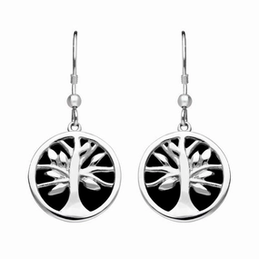 Sterling Silver Whitby Jet Round Tree of Life Drop Earrings
