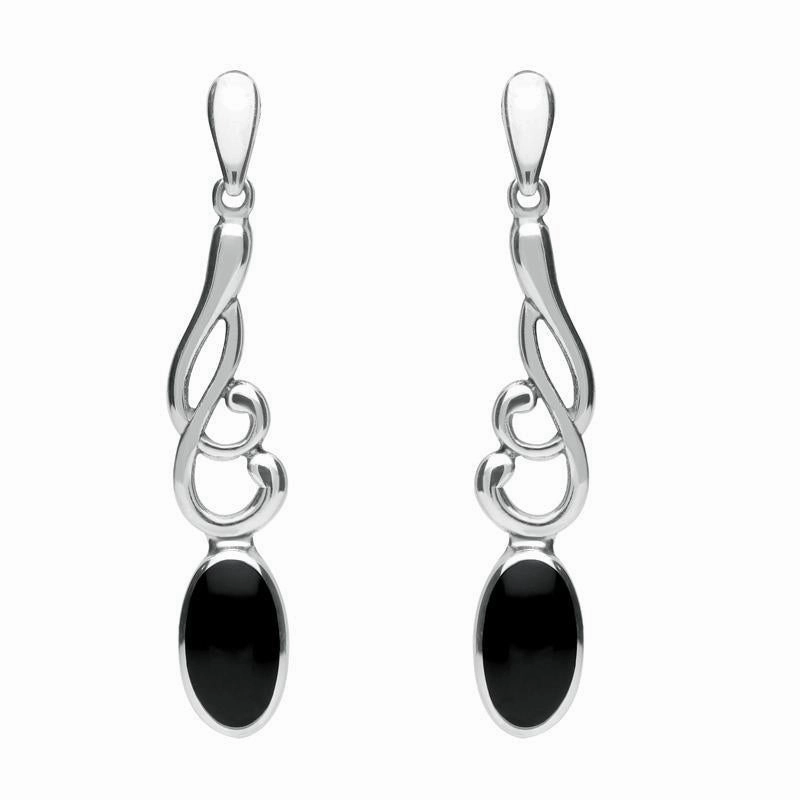 Sterling Silver Whitby Jet Scroll Drop Earrings
