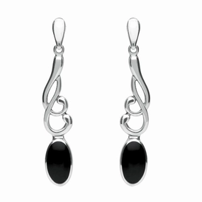 Sterling Silver Whitby Jet Scroll Drop Earrings