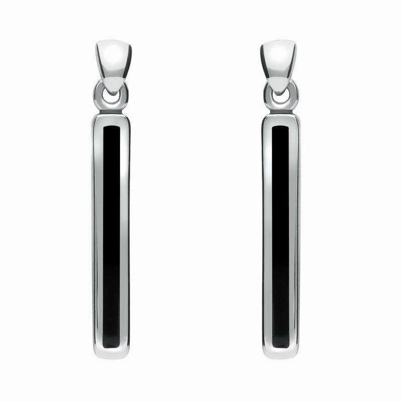 Sterling Silver Whitby Jet Short Slim Drop Earrings