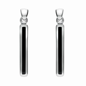 Sterling Silver Whitby Jet Short Slim Drop Earrings