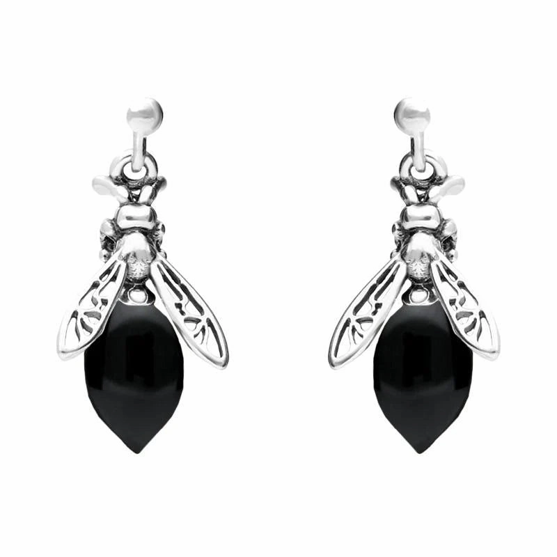 Sterling Silver Whitby Jet Small Bee Drop Earrings