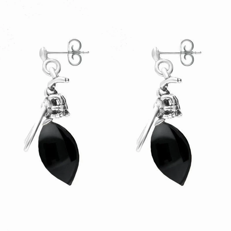 Sterling Silver Whitby Jet Small Bee Drop Earrings