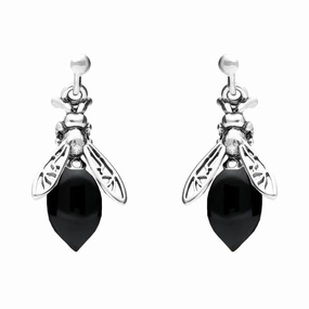Sterling Silver Whitby Jet Small Bee Drop Earrings