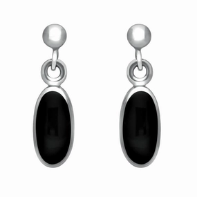 Sterling Silver Whitby Jet Small Long Oval Drop Earrings