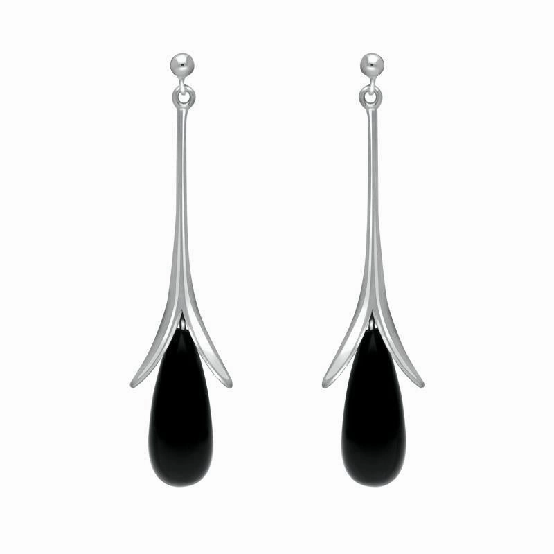 Sterling Silver Whitby Jet Split Flute Dropper Earrings