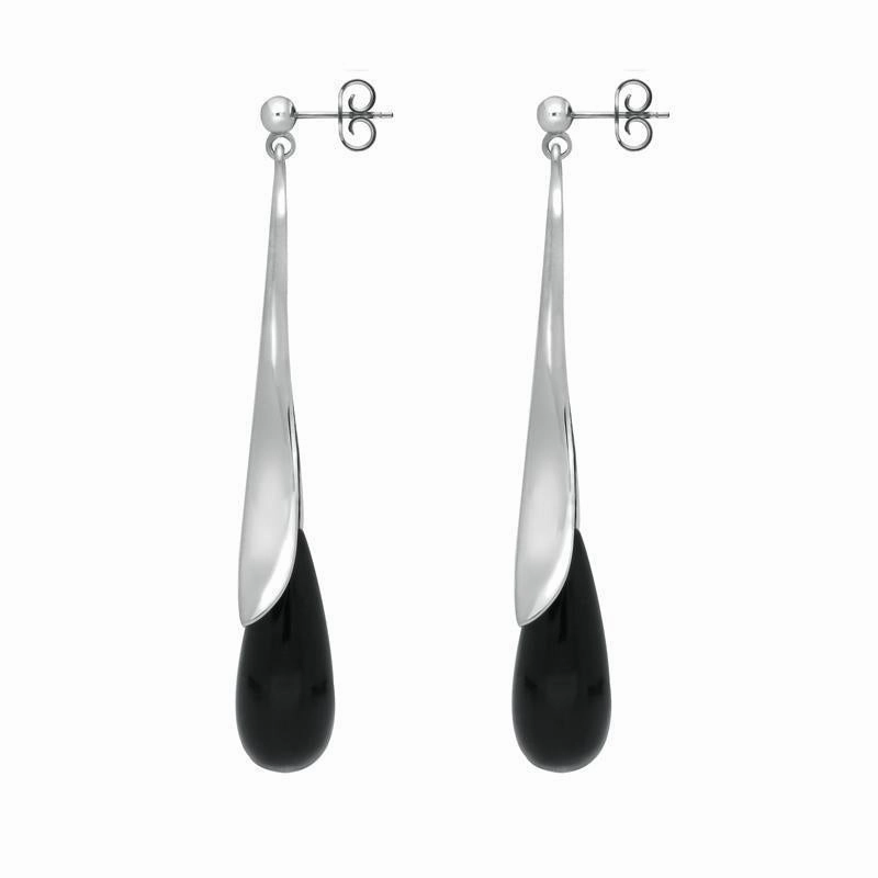 Sterling Silver Whitby Jet Split Flute Dropper Earrings