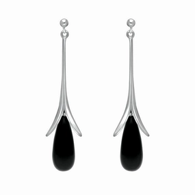 Sterling Silver Whitby Jet Split Flute Dropper Earrings