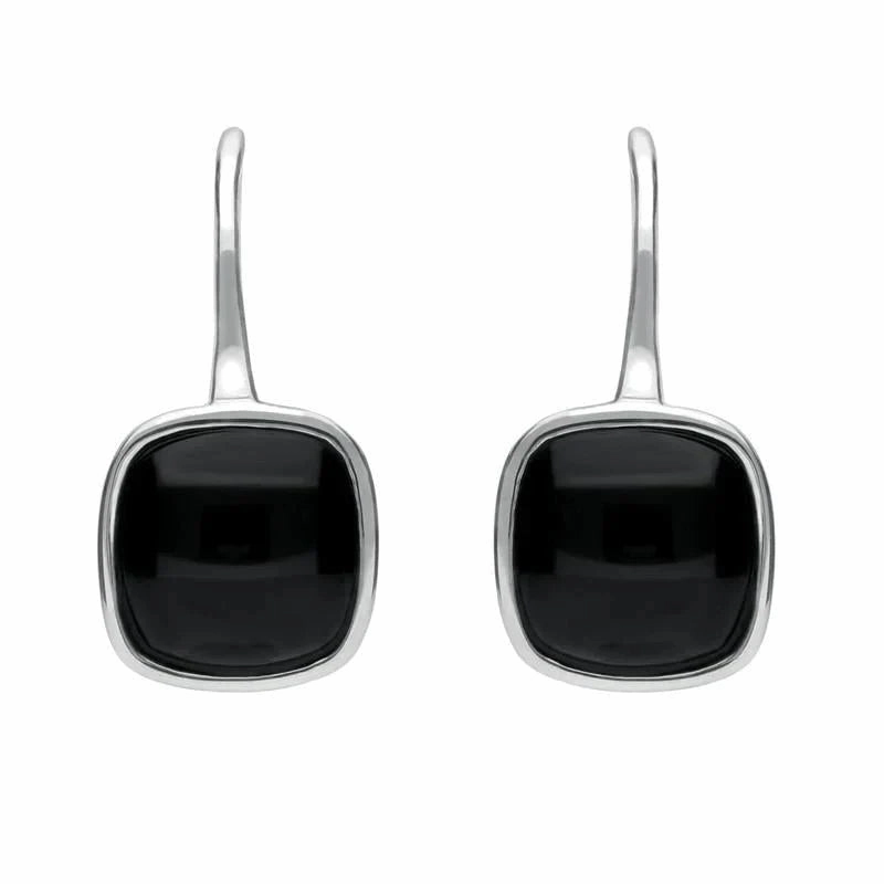 Sterling Silver Whitby Jet Stone Cushion Drop Earrings