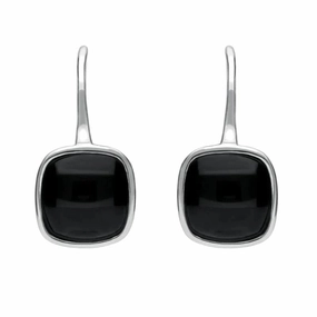 Sterling Silver Whitby Jet Stone Cushion Drop Earrings