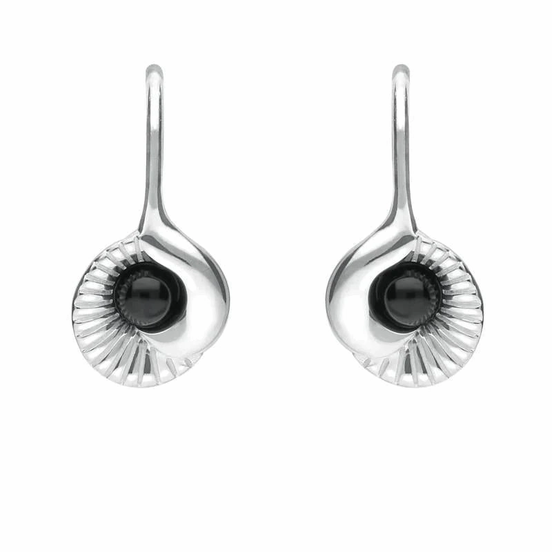 Sterling Silver Whitby Jet Stone Seashell Drop Earrings