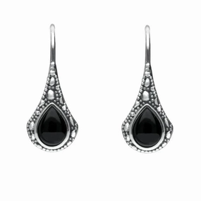 Sterling Silver Whitby Jet Stone Teardrop Oxidised Drop Earrings