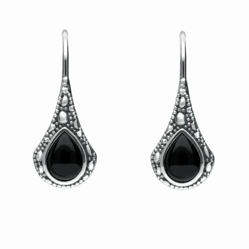 Sterling Silver Whitby Jet Stone Teardrop Oxidised Drop Earrings