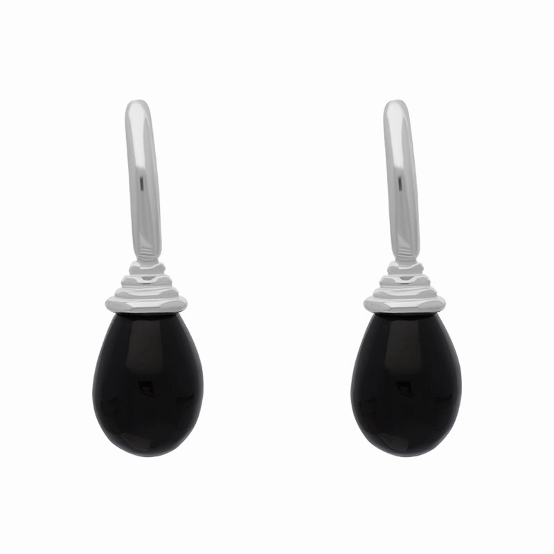 Sterling Silver Whitby Jet Tear Drop Hoop Earrings
