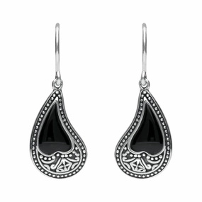 Sterling Silver Whitby Jet Tear Shape Oxidised Drop Earrings
