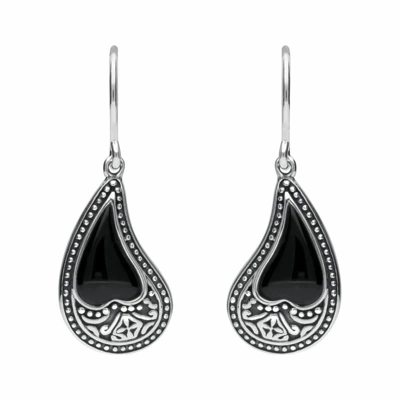 Sterling Silver Whitby Jet Tear Shape Oxidised Drop Earrings