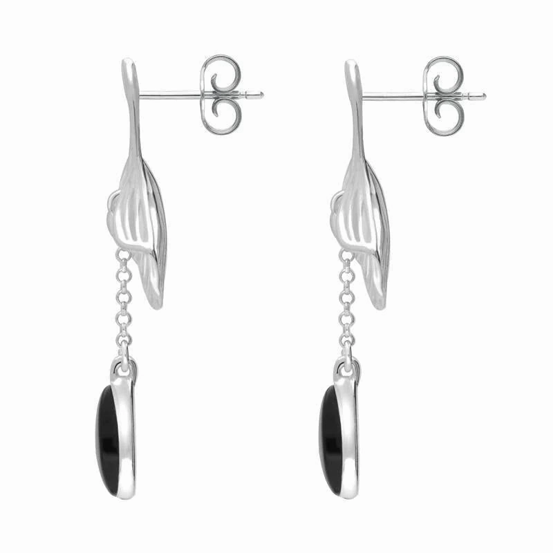 Sterling Silver Whitby Jet Teardrop Ginkgo Biloba Leaf Drop Earrings