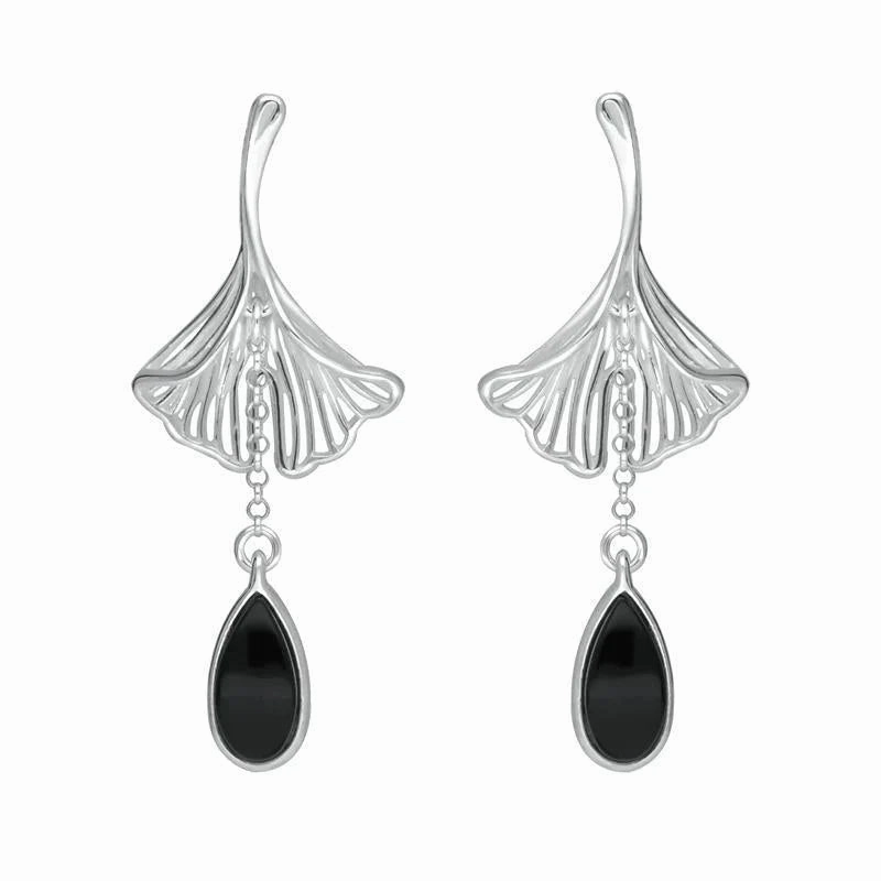 Sterling Silver Whitby Jet Teardrop Ginkgo Biloba Leaf Drop Earrings